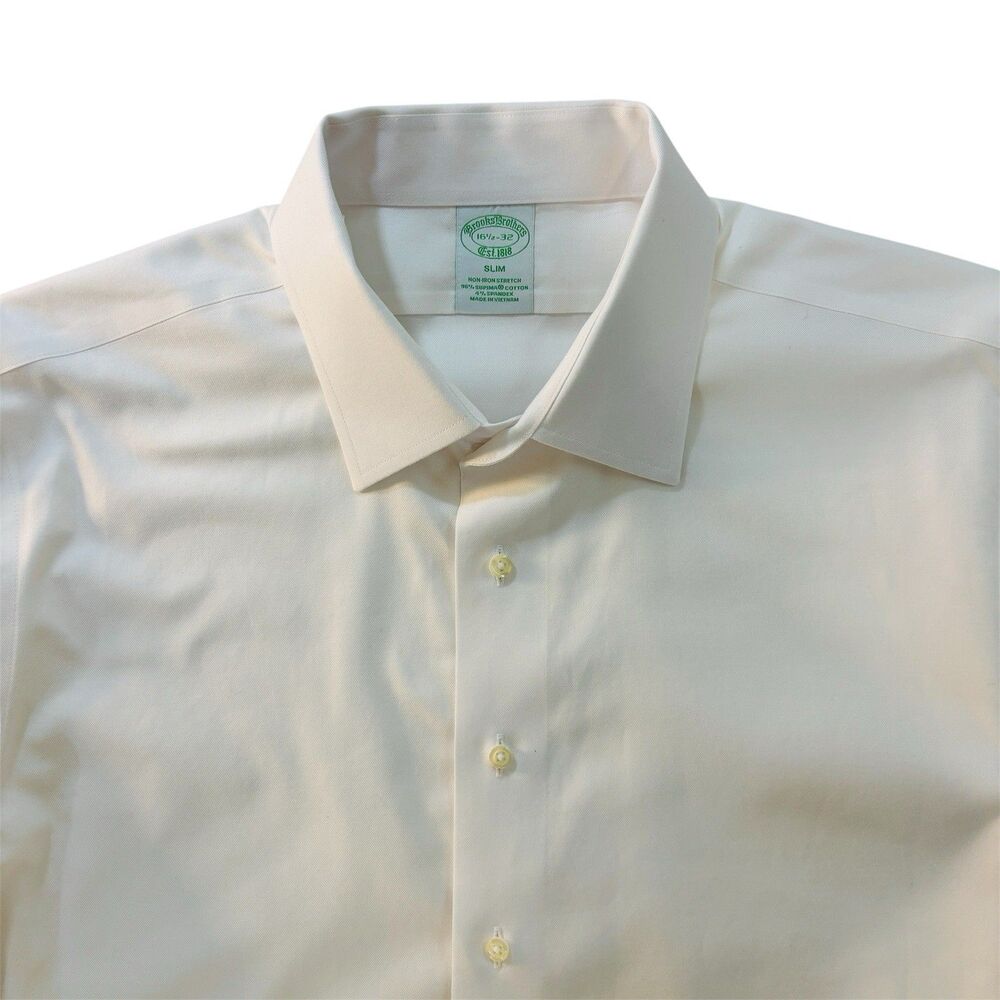 Brooks Brothers Mens Non Iron Stretch Slim Fit Dress Shirt 16.5-32 White Cotton